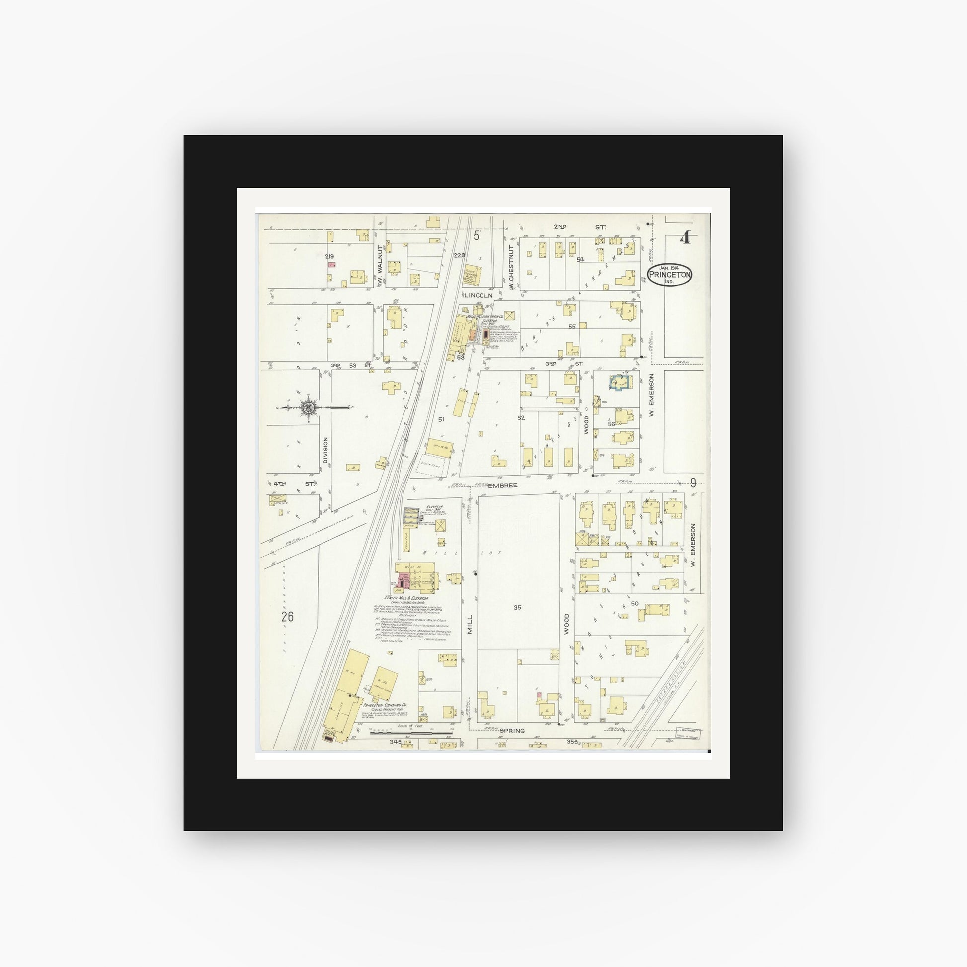 Old map wall art mockup — black gallery frame with white mat — Sanborn Fire Insurance Map from Princeton, Gibson County, Indiana (1914), Sheet #0004