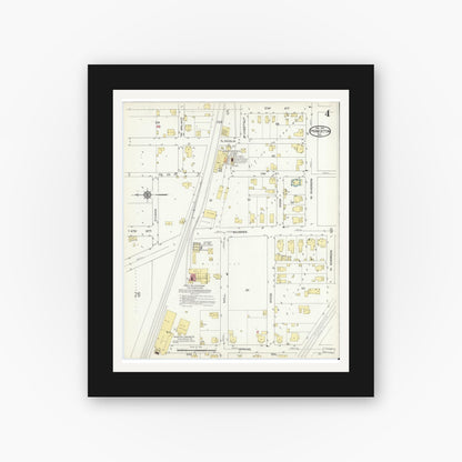 Old map wall art mockup — black gallery frame with white mat — Sanborn Fire Insurance Map from Princeton, Gibson County, Indiana (1914), Sheet #0004