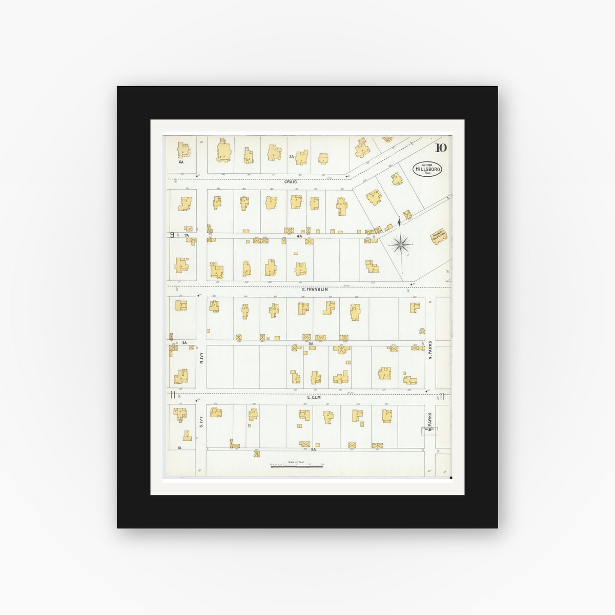 Old map wall art mockup — black gallery frame with white mat — Sanborn Fire Insurance Map from Hillsboro, Hill County, Texas (1900), Sheet #0010