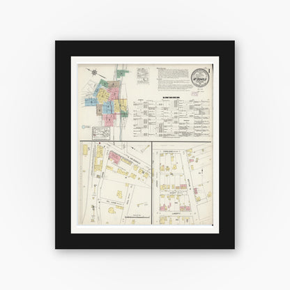 Old map wall art mockup — black gallery frame with white mat — Sanborn Fire Insurance Map from McDonald, Washington County, Pennsylvania (1915), Sheet #0001