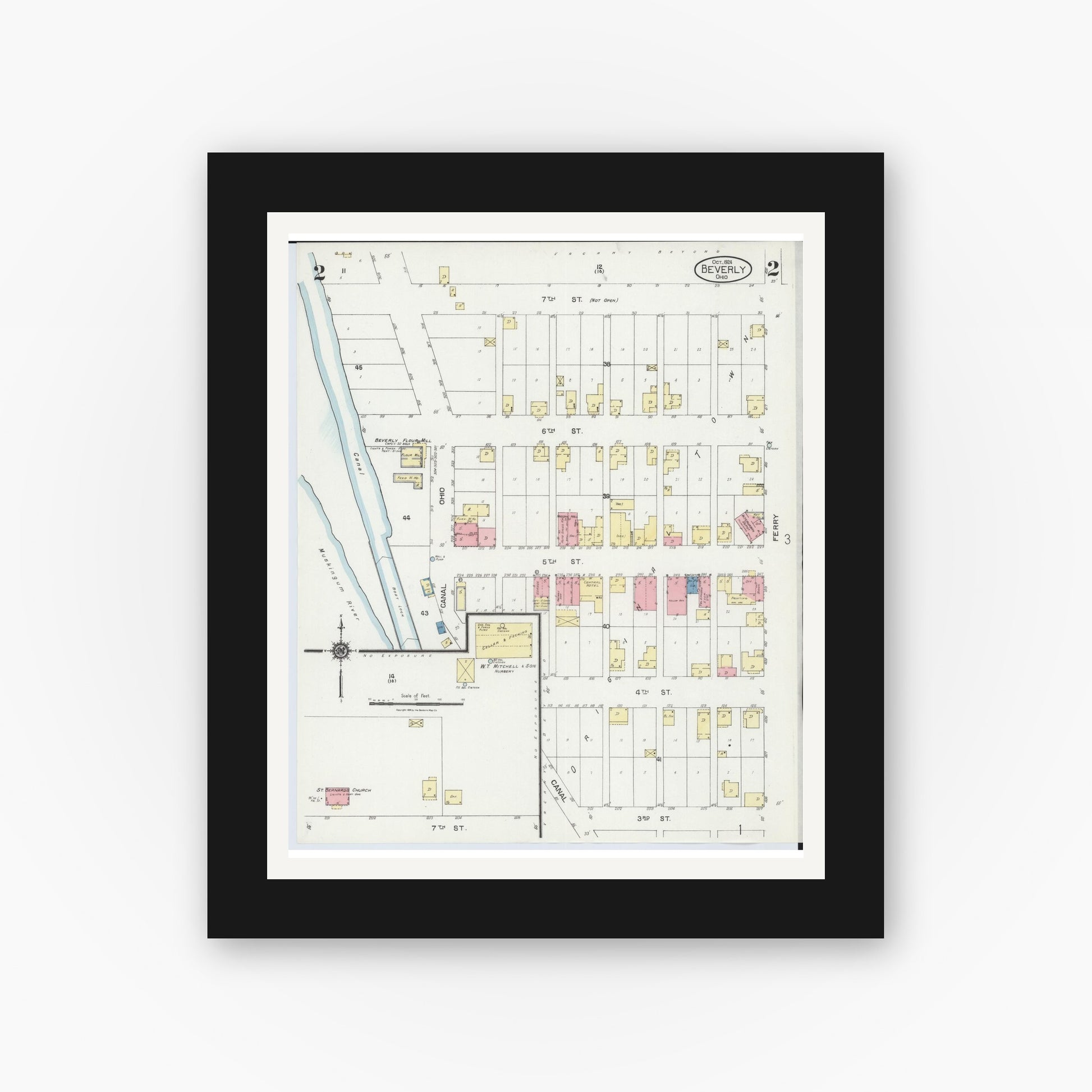 Old map wall art mockup — black gallery frame with white mat — Sanborn Fire Insurance Map from Beverly, Washington County, Ohio (1924), Sheet #0002