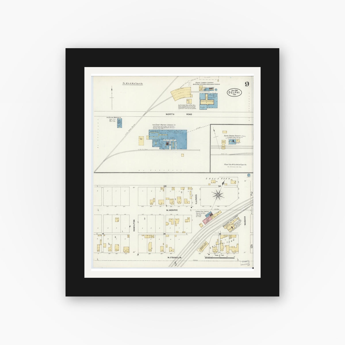 Old map wall art mockup — black gallery frame with white mat — Sanborn Fire Insurance Map from Delphi, Carroll County, Indiana (1906), Sheet #0009