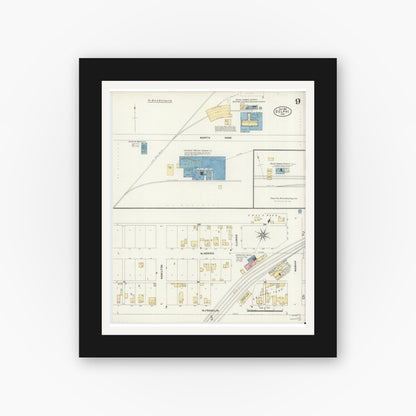 Old map wall art mockup — black gallery frame with white mat — Sanborn Fire Insurance Map from Delphi, Carroll County, Indiana (1906), Sheet #0009
