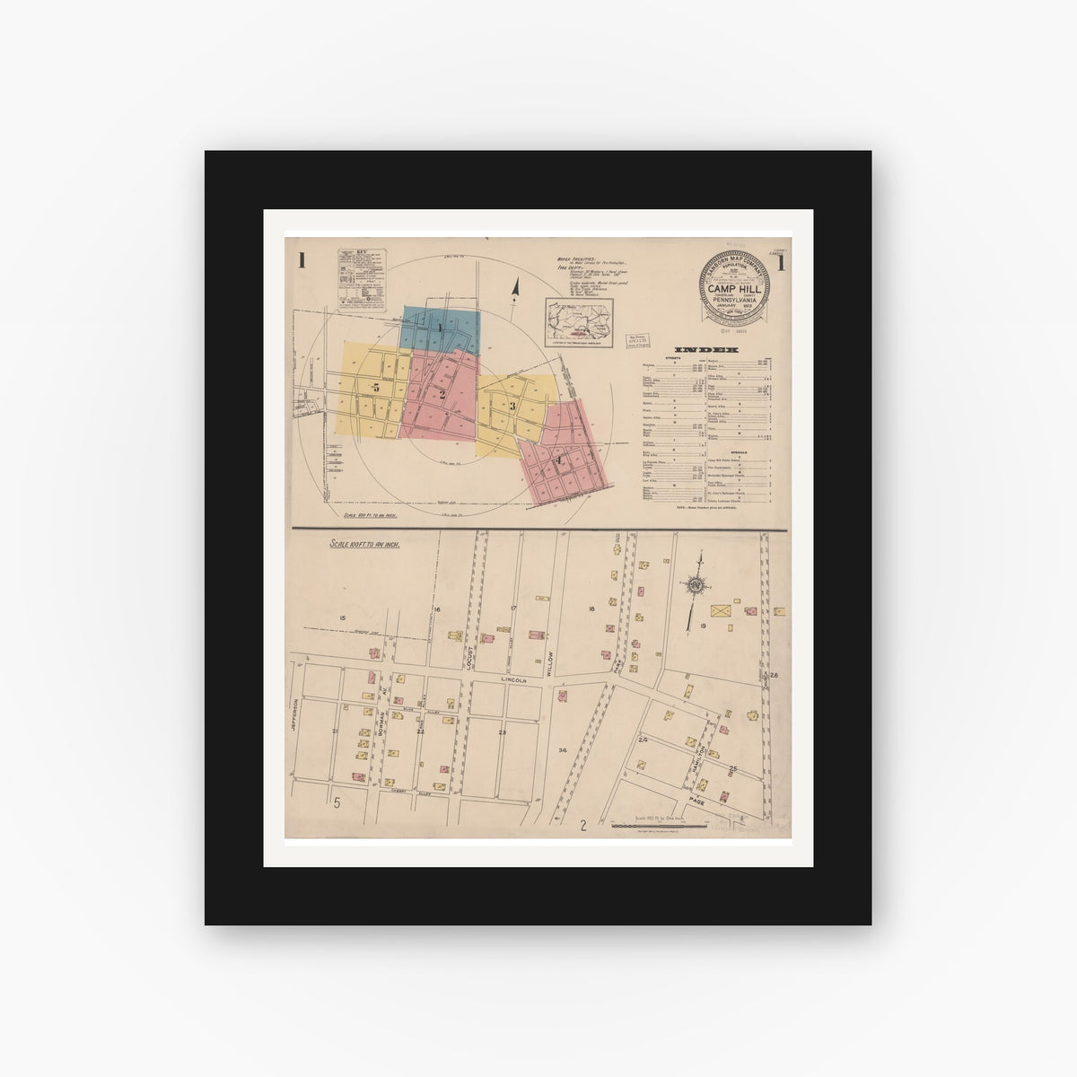Old map wall art mockup — black gallery frame with white mat — Sanborn Fire Insurance Map from Camp Hill, Cumberland County, Pennsylvania (1923) - Complete Map Set