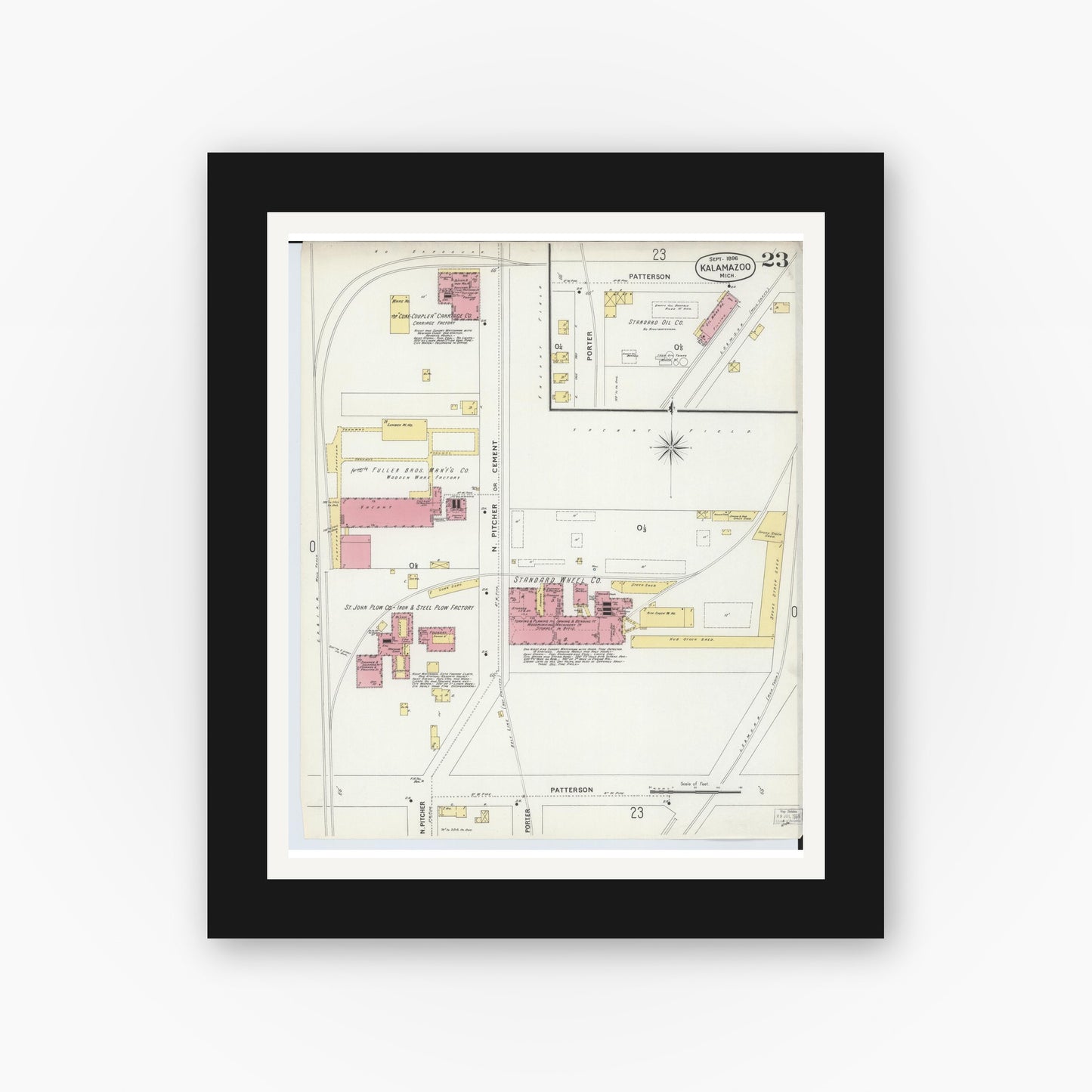 Old map wall art mockup — black gallery frame with white mat — Sanborn Fire Insurance Map from Kalamazoo, Kalamazoo County, Michigan (1896), Sheet #0023