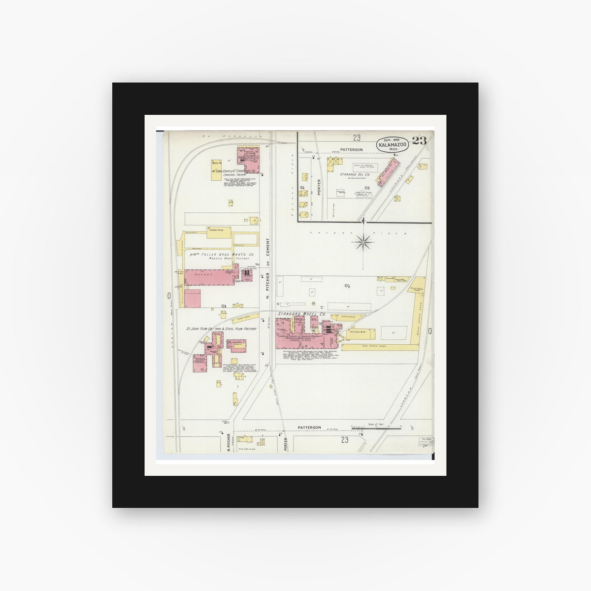 Old map wall art mockup — black gallery frame with white mat — Sanborn Fire Insurance Map from Kalamazoo, Kalamazoo County, Michigan (1896), Sheet #0023