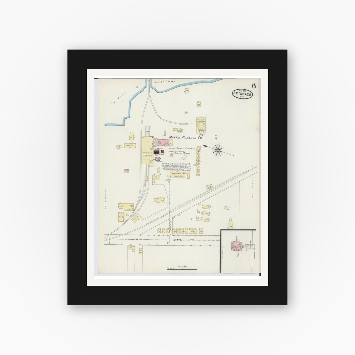 Old map wall art mockup — black gallery frame with white mat — Sanborn Fire Insurance Map from Saint Ignace, Mackinac County, Michigan (1890), Sheet #0006