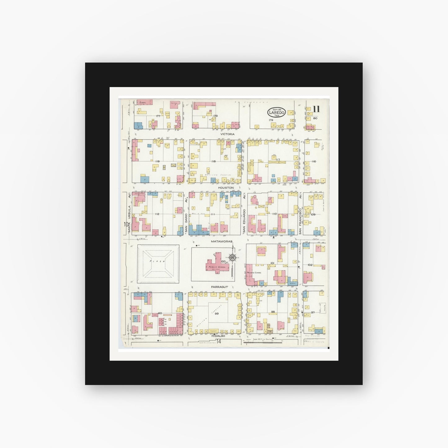 Old map wall art mockup — black gallery frame with white mat — Sanborn Fire Insurance Map from Laredo, Webb County, Texas (1916), Sheet #0011