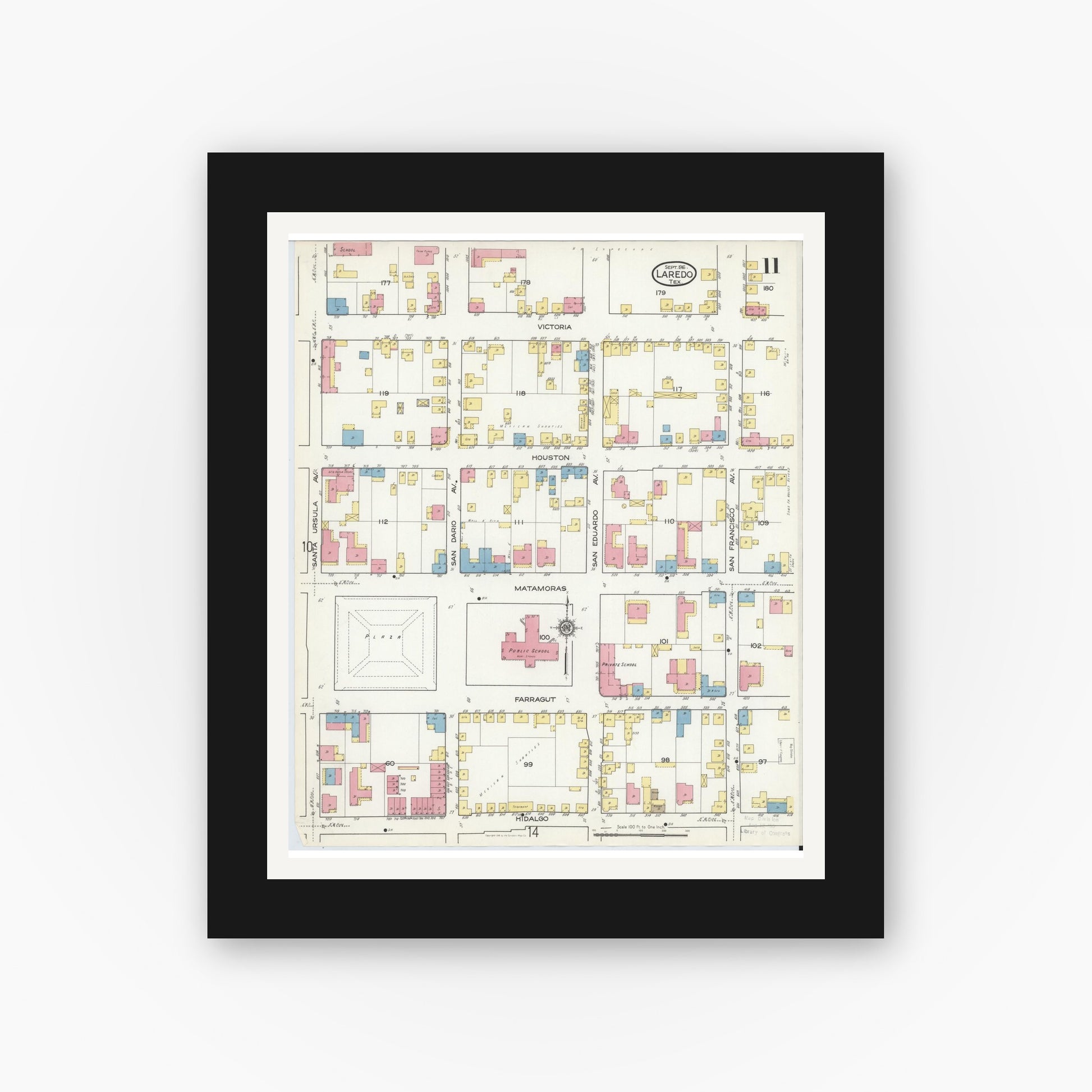 Old map wall art mockup — black gallery frame with white mat — Sanborn Fire Insurance Map from Laredo, Webb County, Texas (1916), Sheet #0011