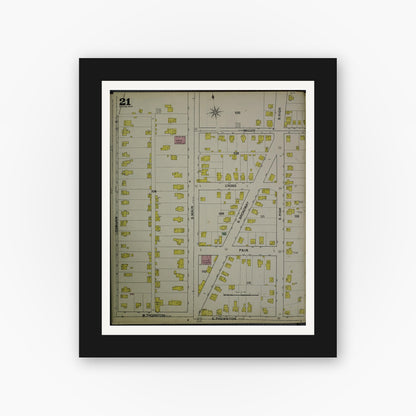 Old map wall art mockup — black gallery frame with white mat — Sanborn Fire Insurance Map from Akron, Summit County, Ohio (1892), Sheet #0021