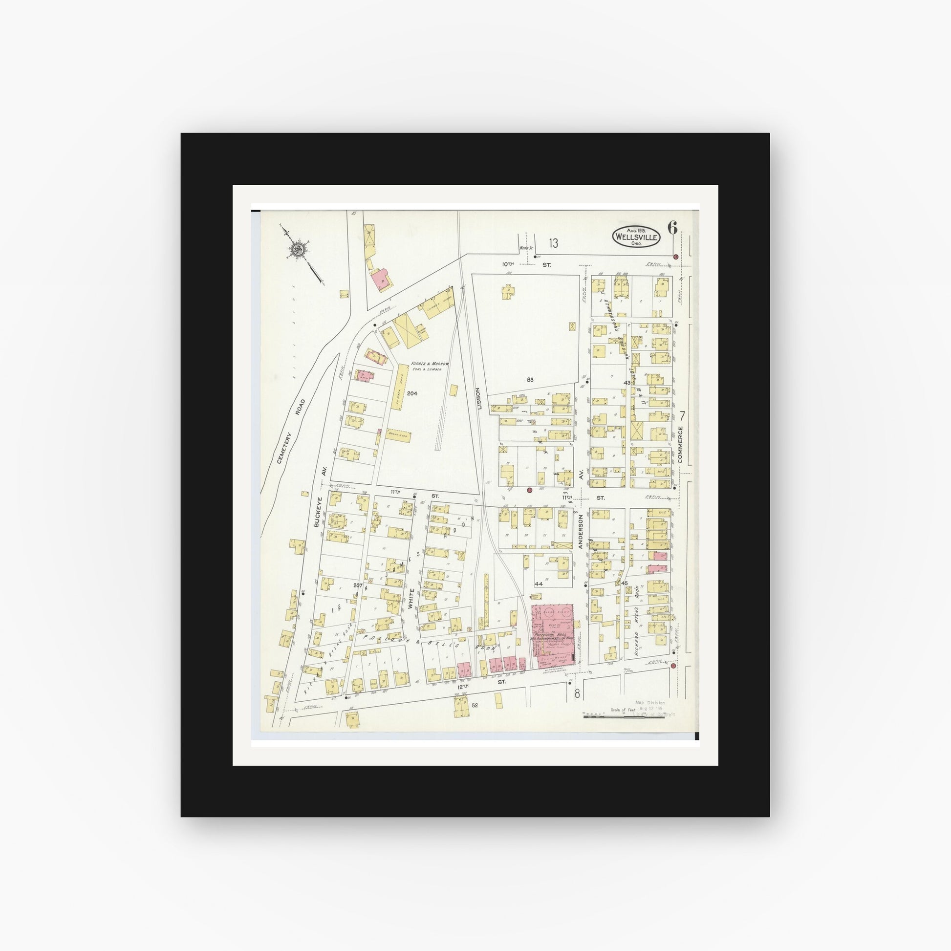 Old map wall art mockup — black gallery frame with white mat — Sanborn Fire Insurance Map from Wellsville, Columbiana County, Ohio (1915), Sheet #0006