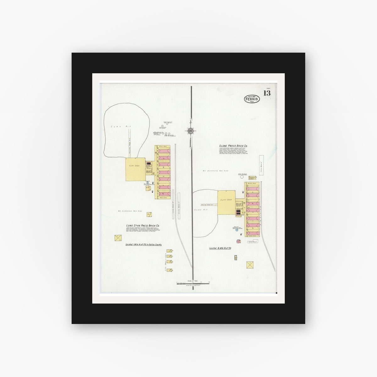 Old map wall art mockup — black gallery frame with white mat — Sanborn Fire Insurance Map from Ferris, Ellis County, Texas (1921), Sheet #0013