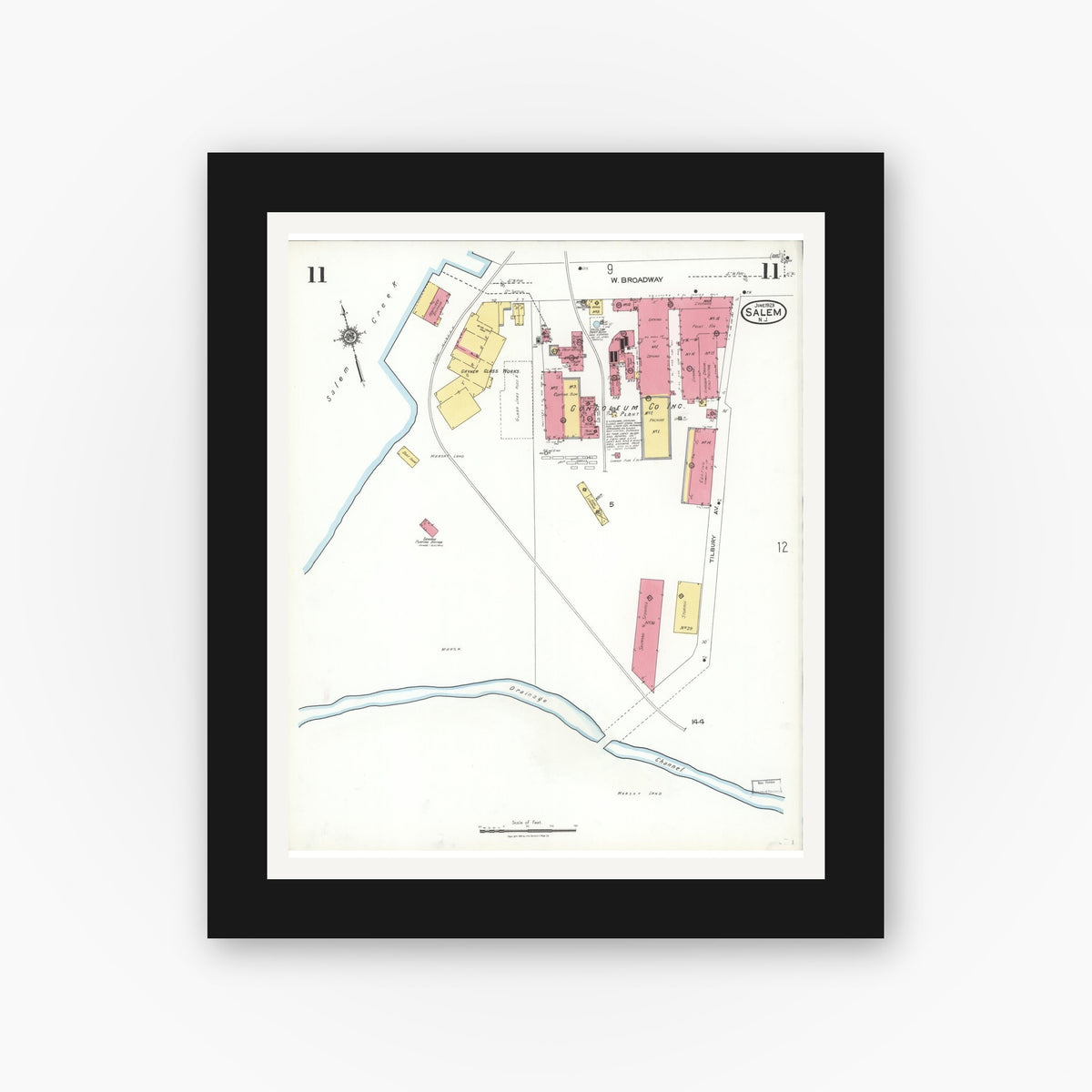 Old map wall art mockup — black gallery frame with white mat — Sanborn Fire Insurance Map from Salem, Salem County, New Jersey (1923), Sheet #0011