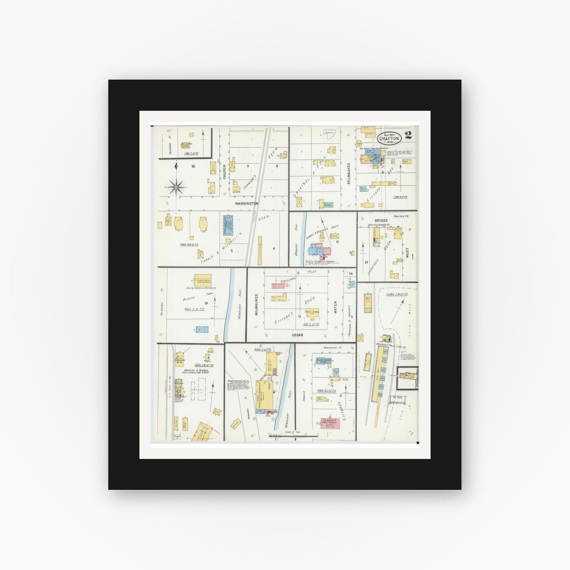 Old map wall art mockup — black gallery frame with white mat — Sanborn Fire Insurance Map from Grafton, Ozankee County, Wisconsin (1904), Sheet #0002