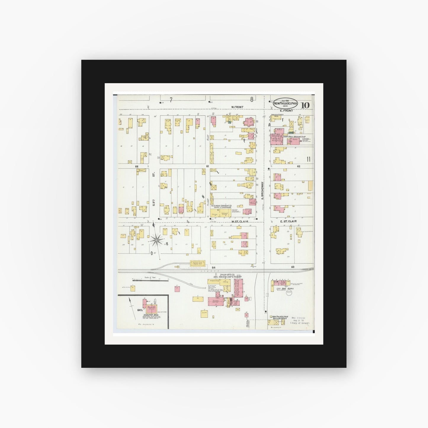 Old map wall art mockup — black gallery frame with white mat — Sanborn Fire Insurance Map from New Philadelphia, Tuscarawas County, Ohio (1901), Sheet #0010