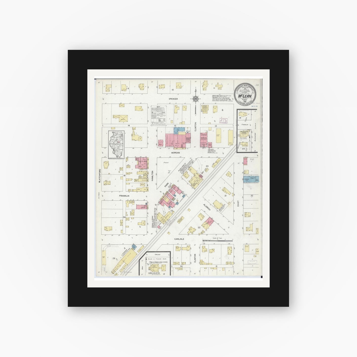Old map wall art mockup — black gallery frame with white mat — Sanborn Fire Insurance Map from Mclean, McLean County, Illinois (1914), Sheet #0001