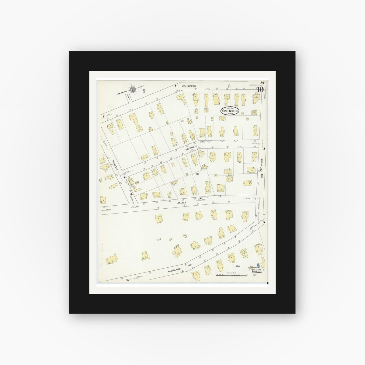 Old map wall art mockup — black gallery frame with white mat — Sanborn Fire Insurance Map from Greenfield, Franklin County, Massachusetts (1914), Sheet #0010