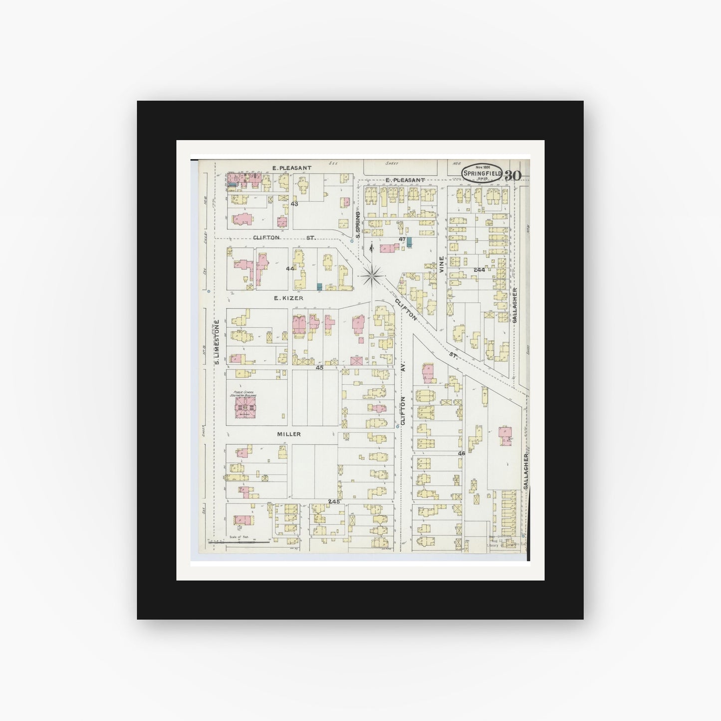 Old map wall art mockup — black gallery frame with white mat — Sanborn Fire Insurance Map from Springfield, Clark County, Ohio (1891), Sheet #0030