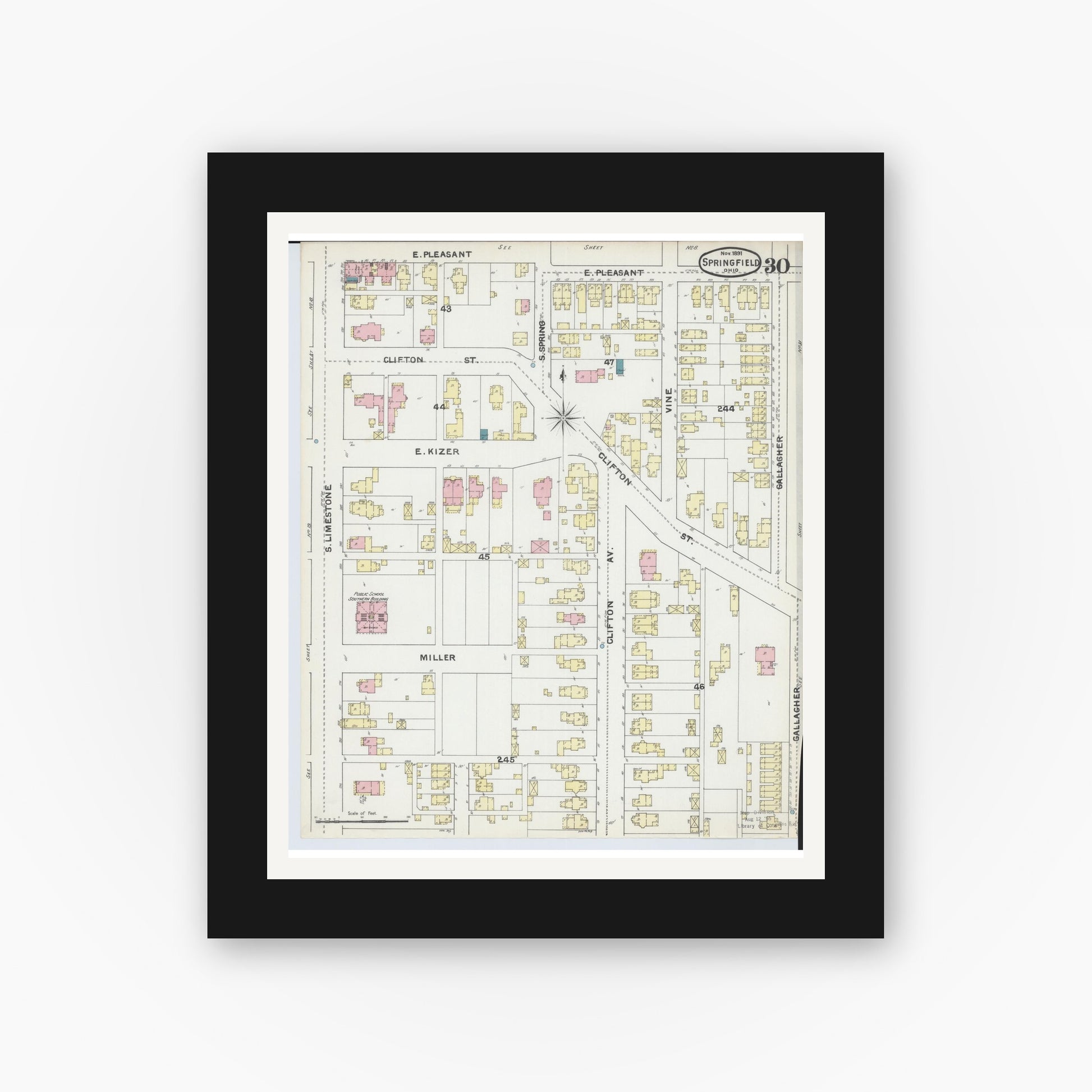 Old map wall art mockup — black gallery frame with white mat — Sanborn Fire Insurance Map from Springfield, Clark County, Ohio (1891), Sheet #0030