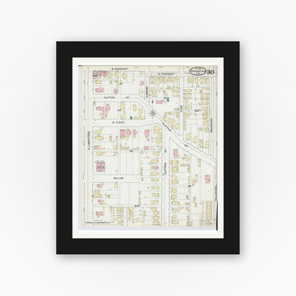 Old map wall art mockup — black gallery frame with white mat — Sanborn Fire Insurance Map from Springfield, Clark County, Ohio (1891), Sheet #0030