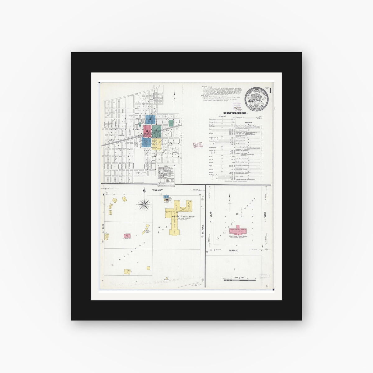 Old map wall art mockup — black gallery frame with white mat — Sanborn Fire Insurance Map from Hinsdale, Du Page And Cook Counties, Illinois (1909) - Complete Map Set