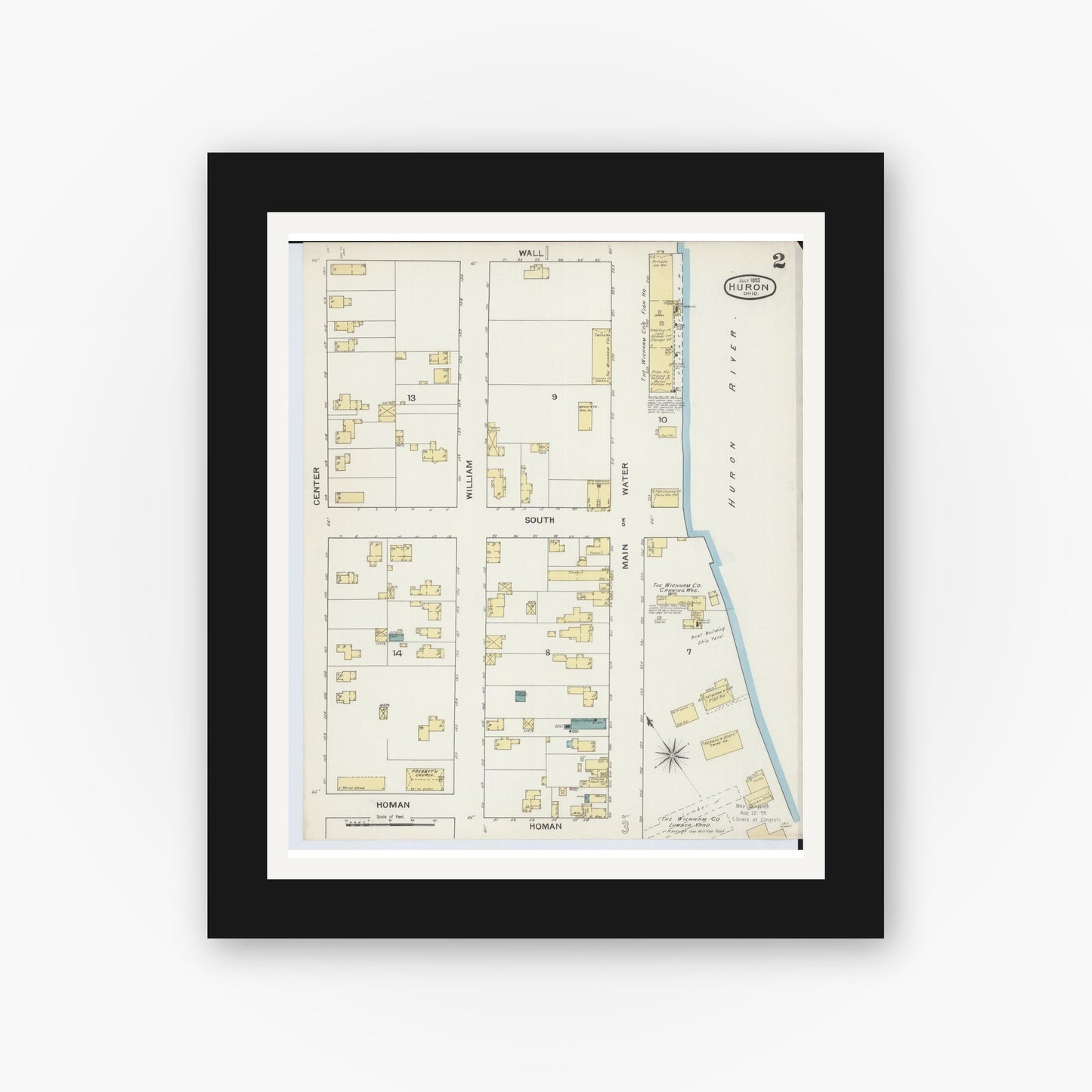 Old map wall art mockup — black gallery frame with white mat — Sanborn Fire Insurance Map from Huron, Erie County, Ohio (1893), Sheet #0002