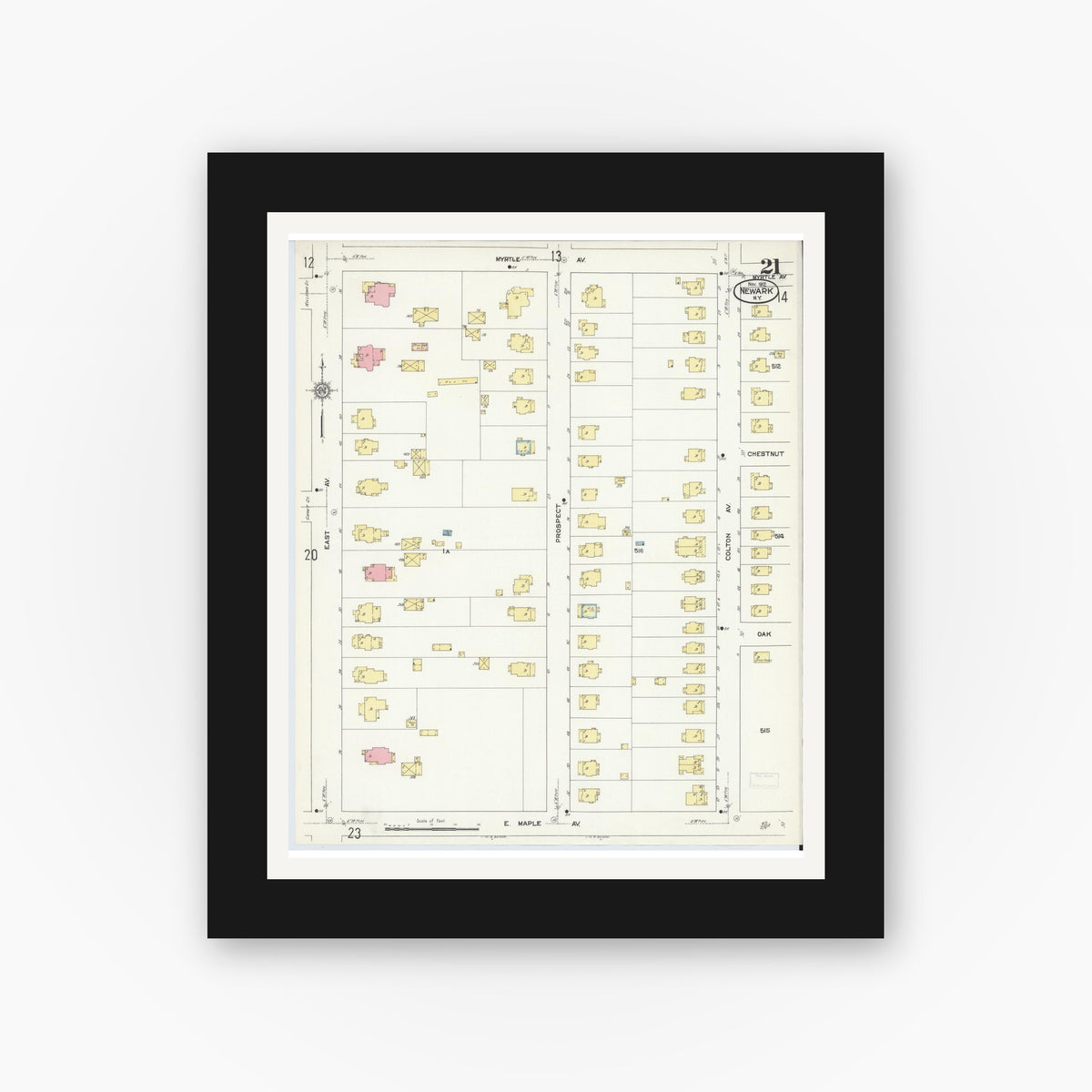 Old map wall art mockup — black gallery frame with white mat — Sanborn Fire Insurance Map from Newark, Wayne County, New York (1912), Sheet #0021