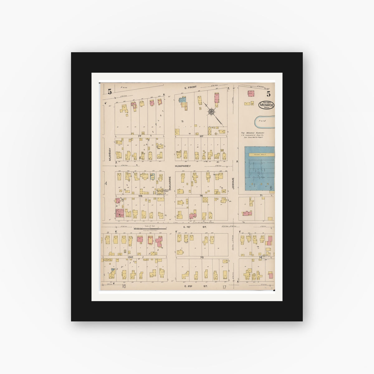 Old map wall art mockup — black gallery frame with white mat — Sanborn Fire Insurance Map from Monroe, Monroe County, Michigan (1922), Sheet #0005