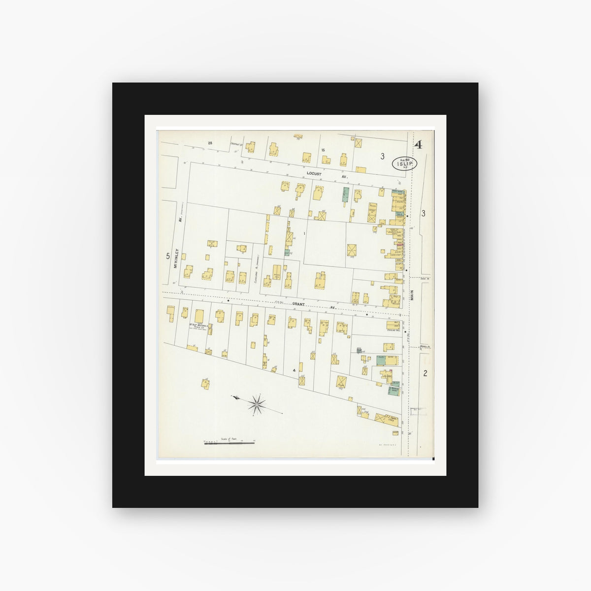 Old map wall art mockup — black gallery frame with white mat — Sanborn Fire Insurance Map from Islip, Suffolk County, New York (1902), Sheet #0004