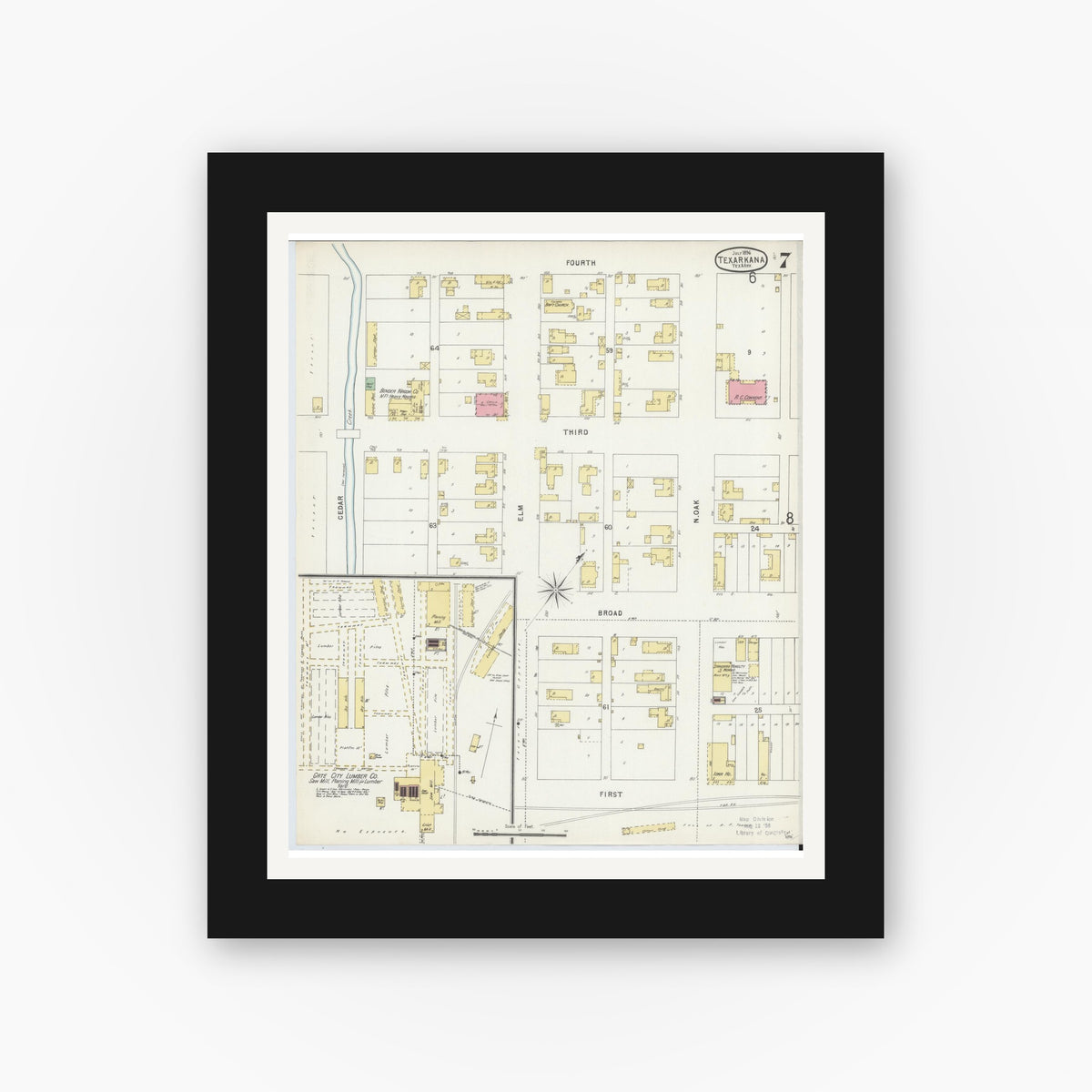 Old map wall art mockup — black gallery frame with white mat — Sanborn Fire Insurance Map from Texarkana, Bowie County, Texas (1896), Sheet #0007