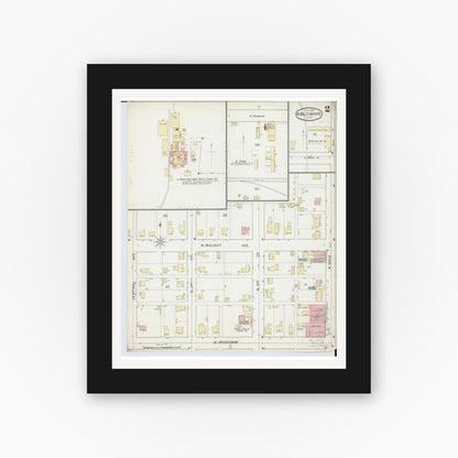 Old map wall art mockup — black gallery frame with white mat — Sanborn Fire Insurance Map from North Baltimore, Wood County, Ohio (1893), Sheet #0002