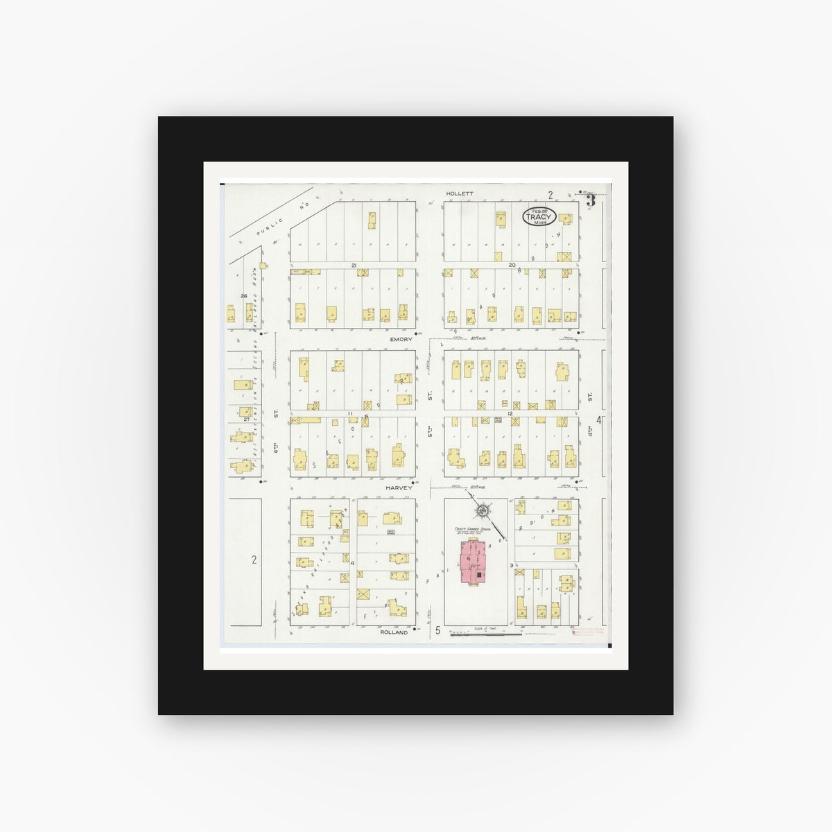 Old map wall art mockup — black gallery frame with white mat — Sanborn Fire Insurance Map from Tracy, Lyon County, Minnesota (1917), Sheet #0003