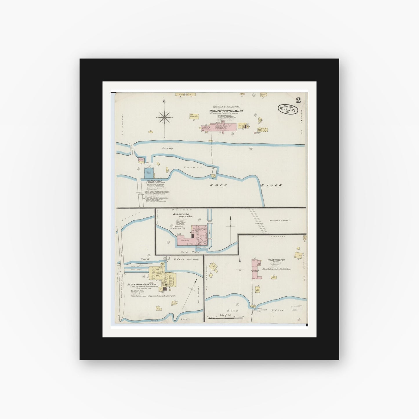 Old map wall art mockup — black gallery frame with white mat — Sanborn Fire Insurance Map from Milan, Rock Island County, Illinois (1886), Sheet #0002