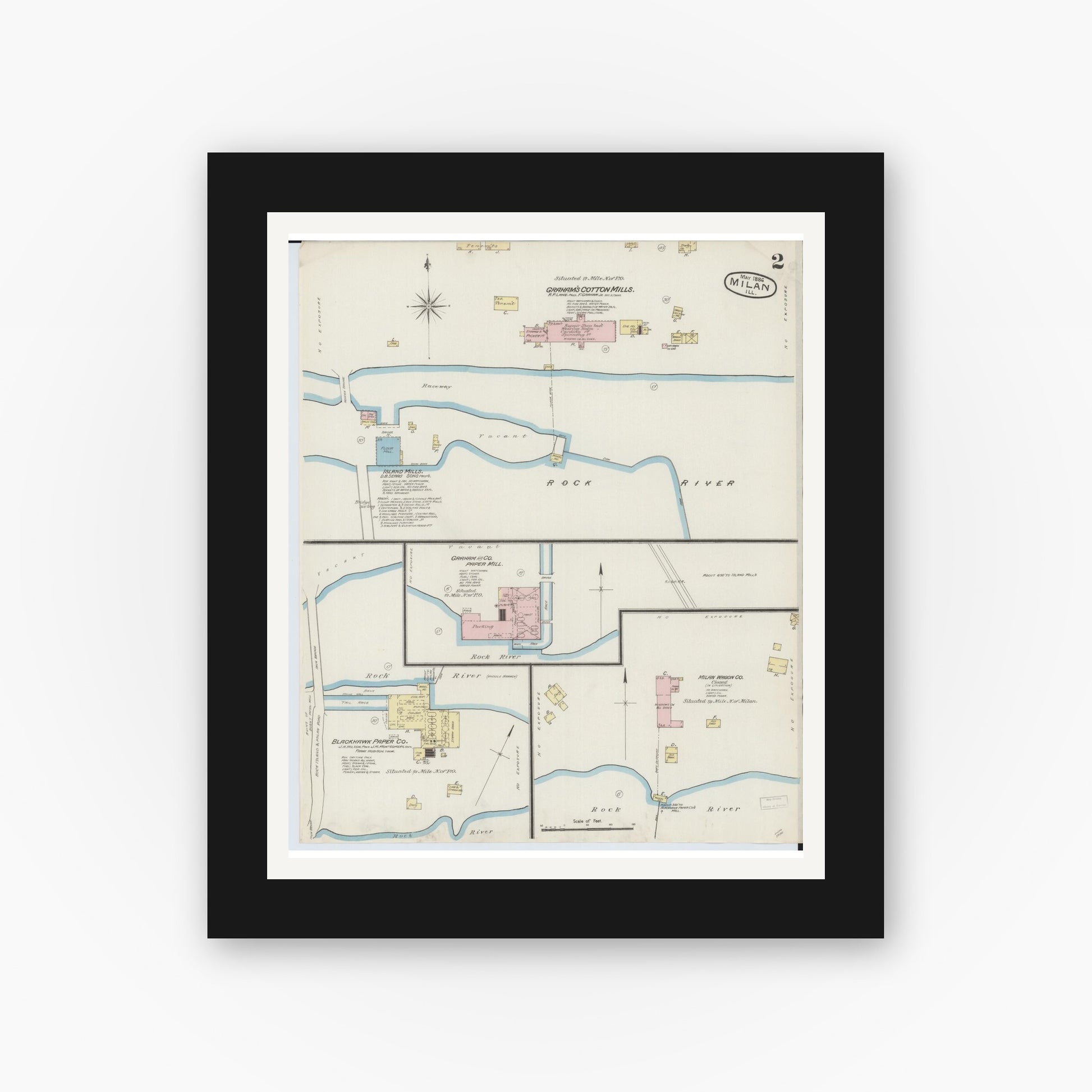 Old map wall art mockup — black gallery frame with white mat — Sanborn Fire Insurance Map from Milan, Rock Island County, Illinois (1886), Sheet #0002