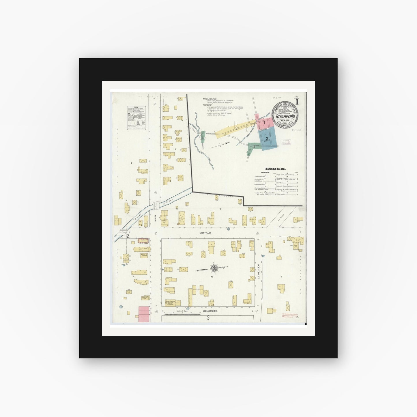 Old map wall art mockup — black gallery frame with white mat — Sanborn Fire Insurance Map from Rushford, Allegany County, New York (1912), Sheet #0001