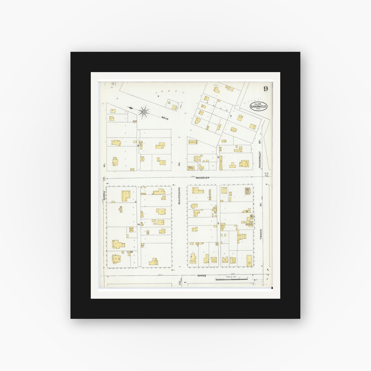 Old map wall art mockup — black gallery frame with white mat — Sanborn Fire Insurance Map from San Angelo, Tom Green County, Texas (1904), Sheet #0009