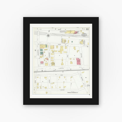 Old map wall art mockup — black gallery frame with white mat — Sanborn Fire Insurance Map from Natick, Middlesex County, Massachusetts (1909), Sheet #0011