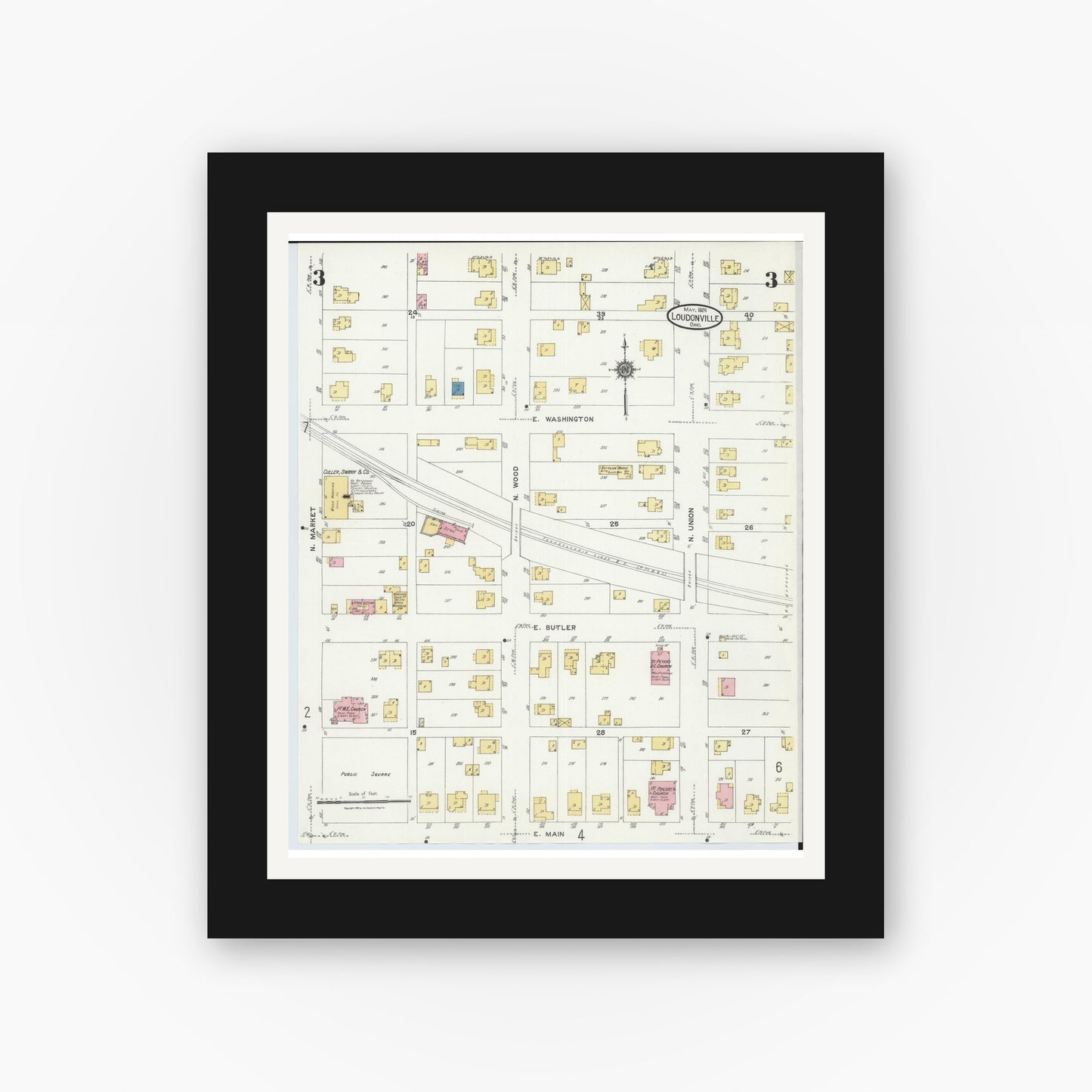 Old map wall art mockup — black gallery frame with white mat — Sanborn Fire Insurance Map from Loudonville, Ashland County, Ohio (1924), Sheet #0003