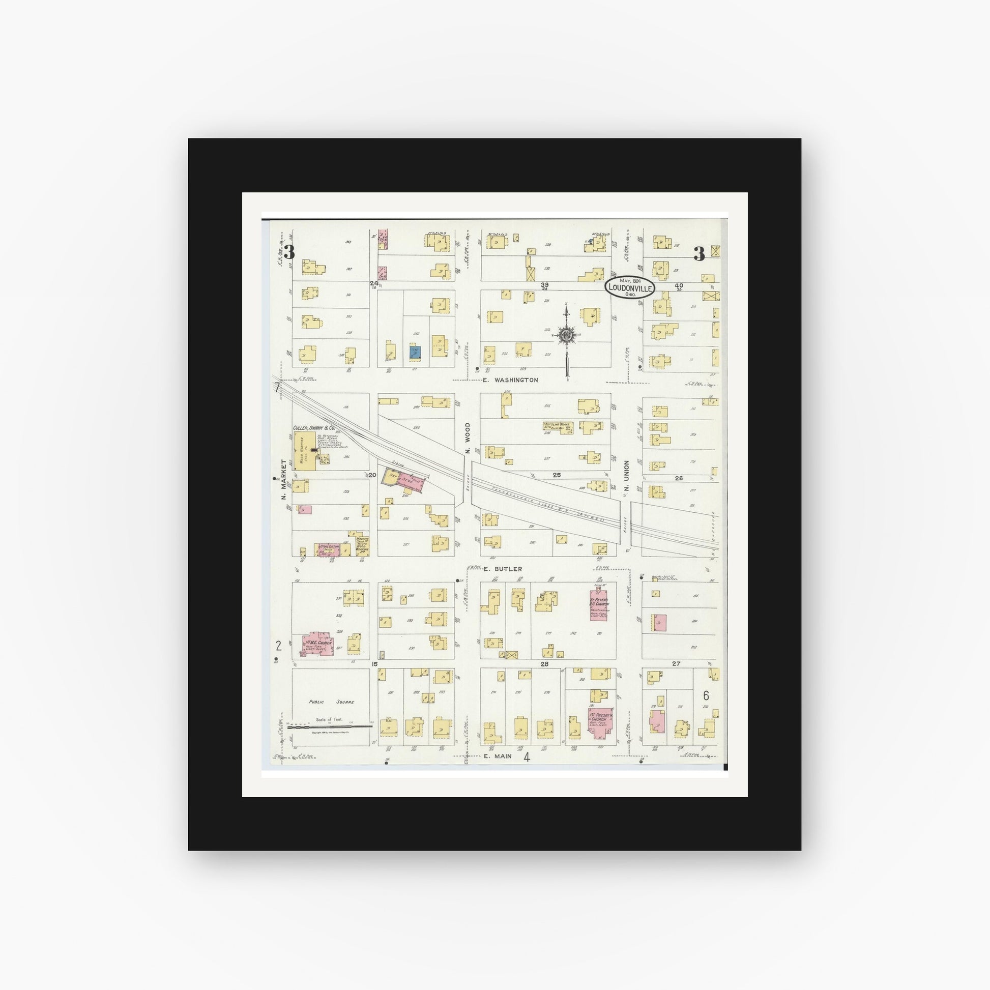 Old map wall art mockup — black gallery frame with white mat — Sanborn Fire Insurance Map from Loudonville, Ashland County, Ohio (1924), Sheet #0003