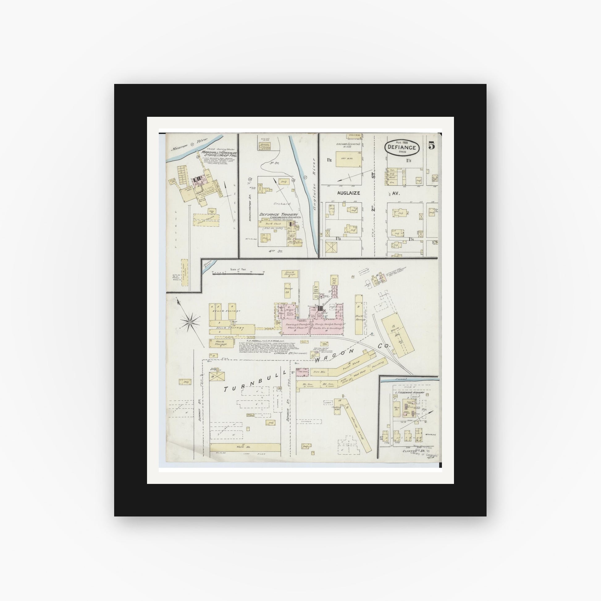Old map wall art mockup — black gallery frame with white mat — Sanborn Fire Insurance Map from Defiance, Defiance County, Ohio (1888), Sheet #0005