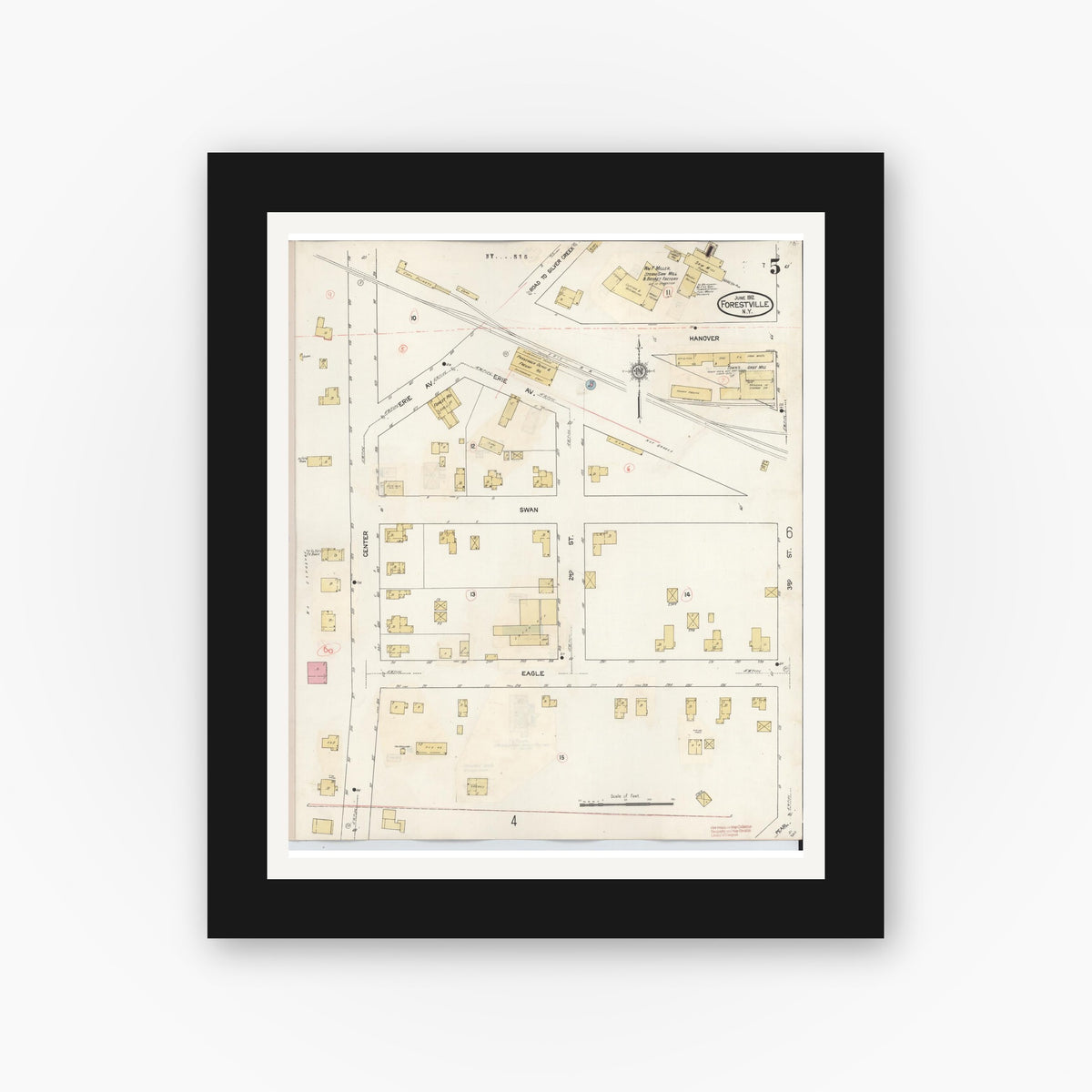 Old map wall art mockup — black gallery frame with white mat — Sanborn Fire Insurance Map from Forestville, Chautauqua County, New York (1941), Sheet #0005