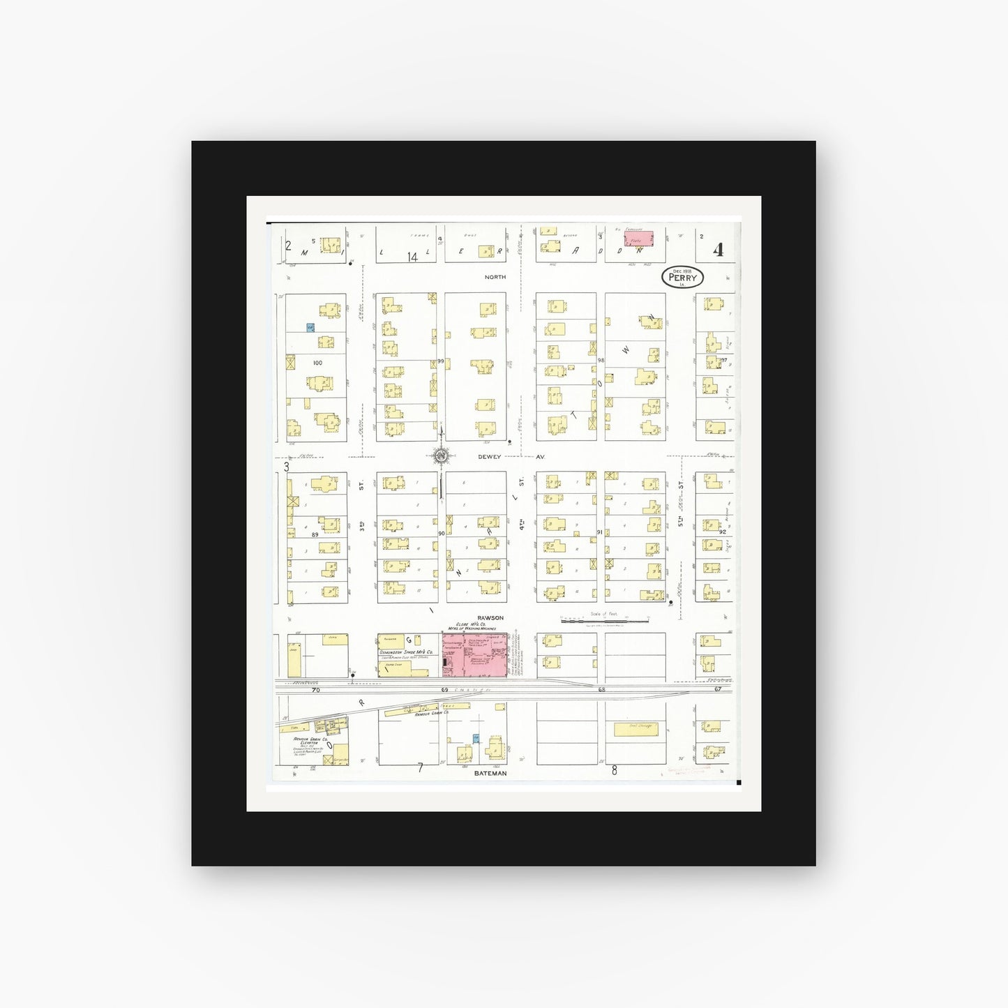 Old map wall art mockup — black gallery frame with white mat — Sanborn Fire Insurance Map from Perry, Dallas County, Iowa (1918), Sheet #0004