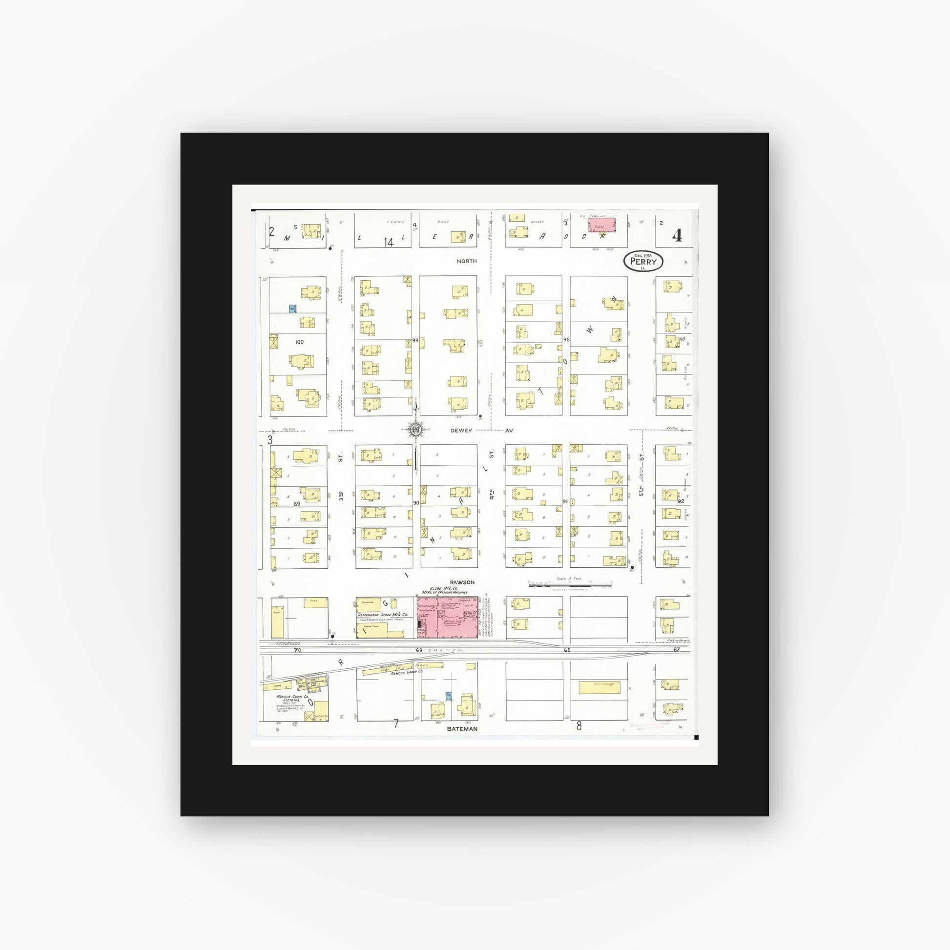 Old map wall art mockup — black gallery frame with white mat — Sanborn Fire Insurance Map from Perry, Dallas County, Iowa (1918), Sheet #0004