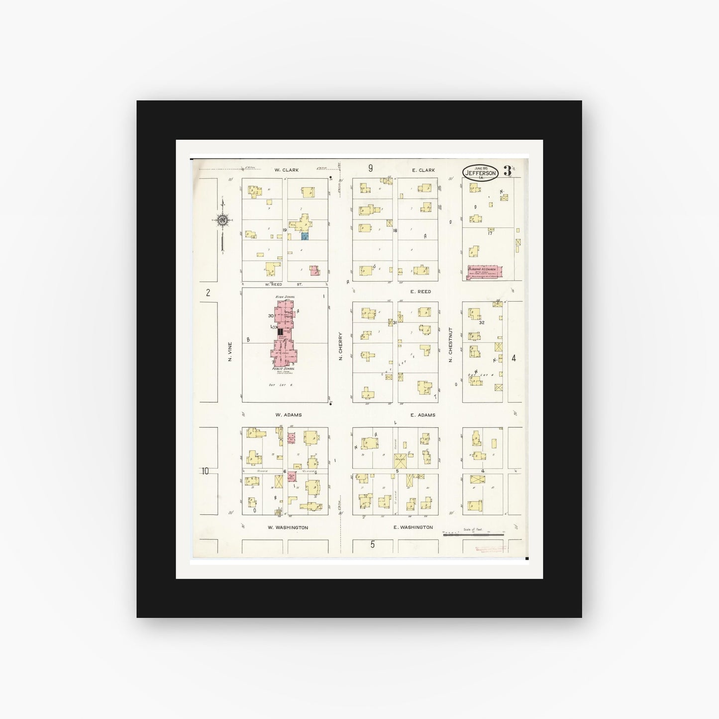 Old map wall art mockup — black gallery frame with white mat — Sanborn Fire Insurance Map from Jefferson, Greene County, Iowa (1915), Sheet #0003