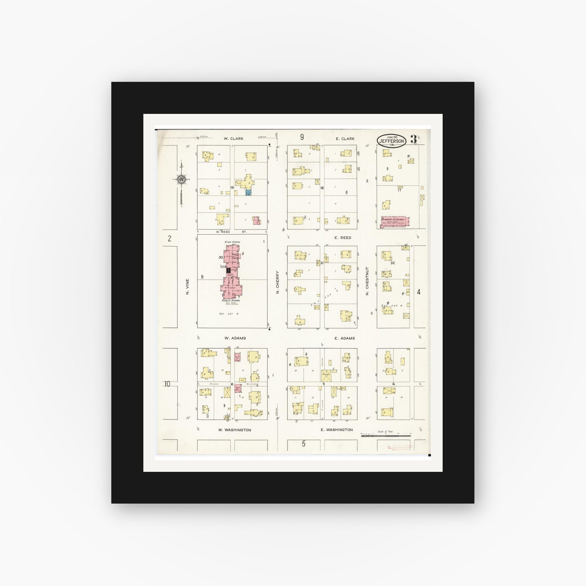 Old map wall art mockup — black gallery frame with white mat — Sanborn Fire Insurance Map from Jefferson, Greene County, Iowa (1915), Sheet #0003