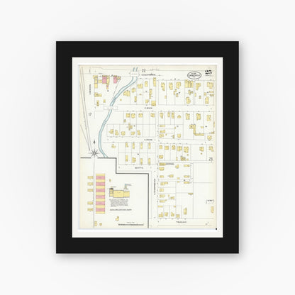 Old map wall art mockup — black gallery frame with white mat — Sanborn Fire Insurance Map from Gainesville, Cooke County, Texas (1908), Sheet #0025