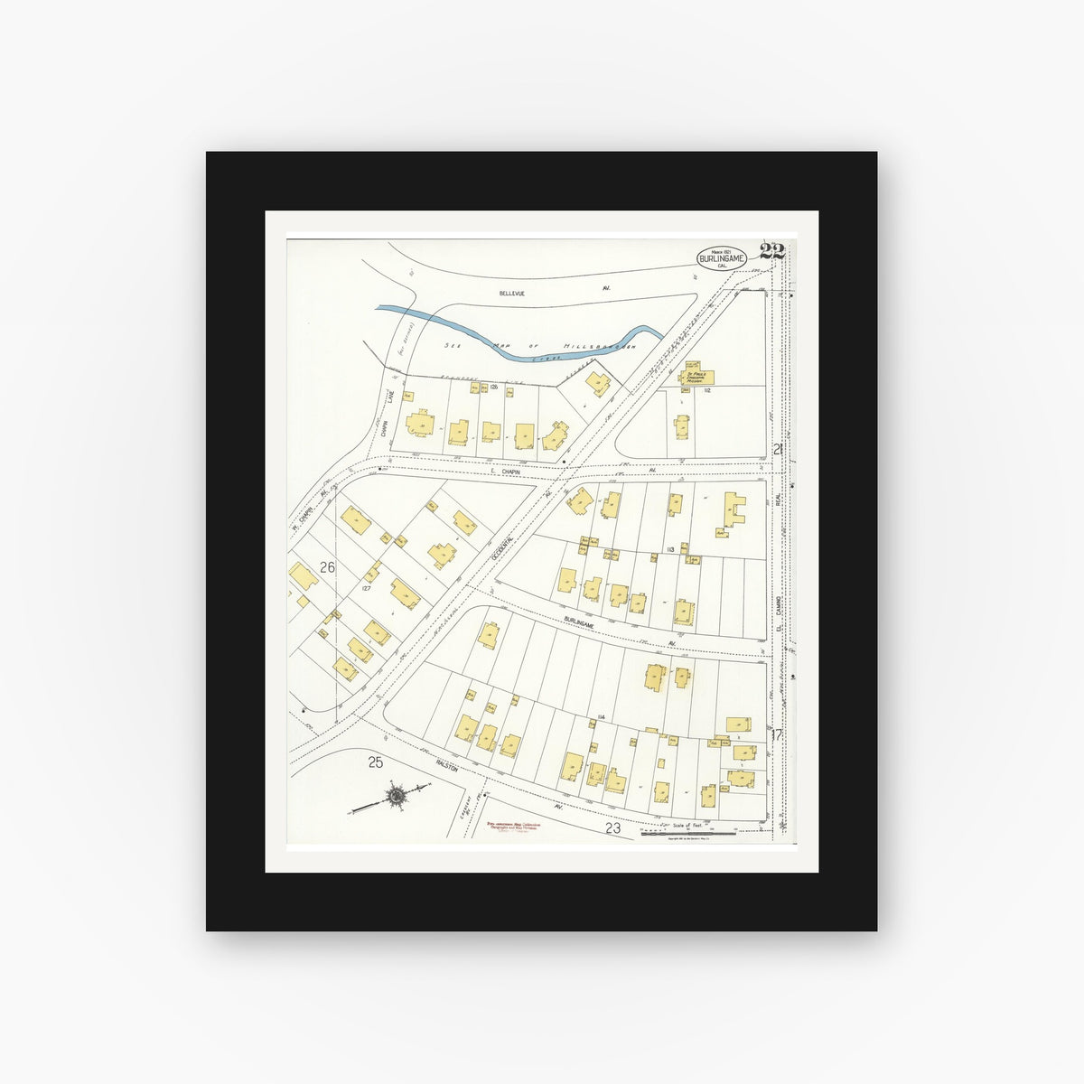 Old map wall art mockup — black gallery frame with white mat — Sanborn Fire Insurance Map from Burlingame, San Mateo County, California (1921), Sheet #0022