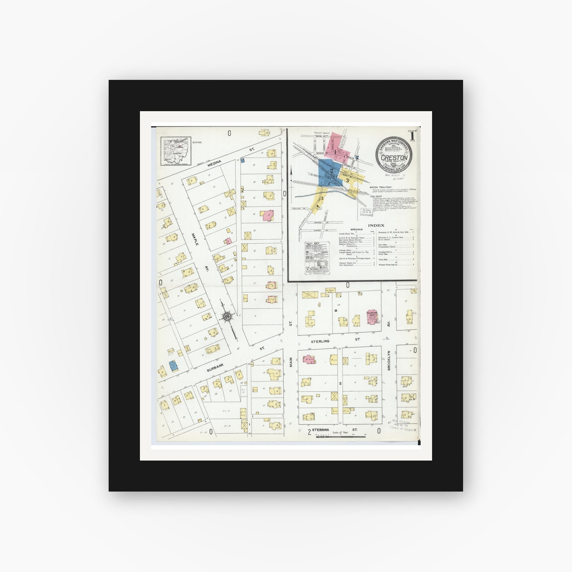 Old map wall art mockup — black gallery frame with white mat — Sanborn Fire Insurance Map from Creston, Wayne County, Ohio (1921), Sheet #0001