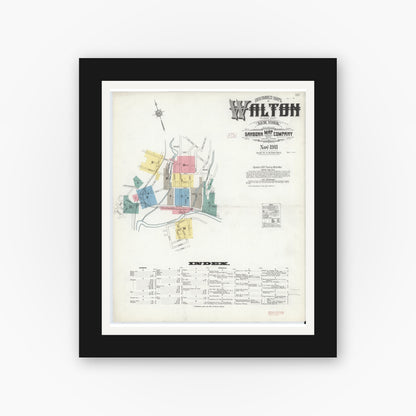 Old map wall art mockup — black gallery frame with white mat — Sanborn Fire Insurance Map from Walton, Delaware County, New York (1911), Sheet #0001