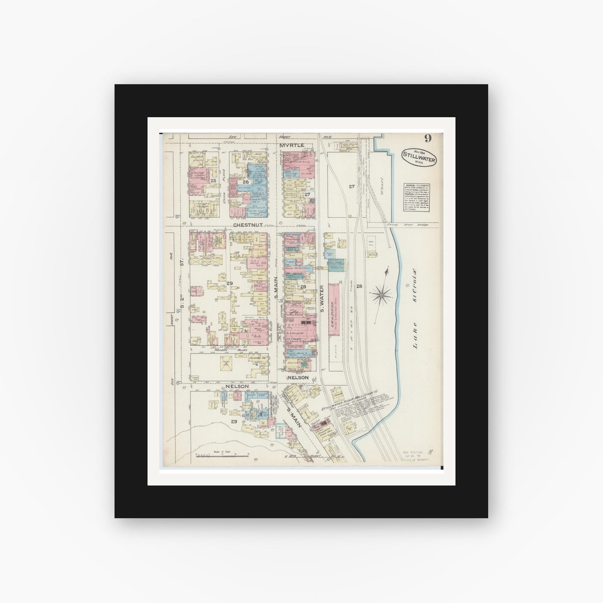 Old map wall art mockup — black gallery frame with white mat — Sanborn Fire Insurance Map from Stillwater, Washington County, Minnesota (1884), Sheet #0009